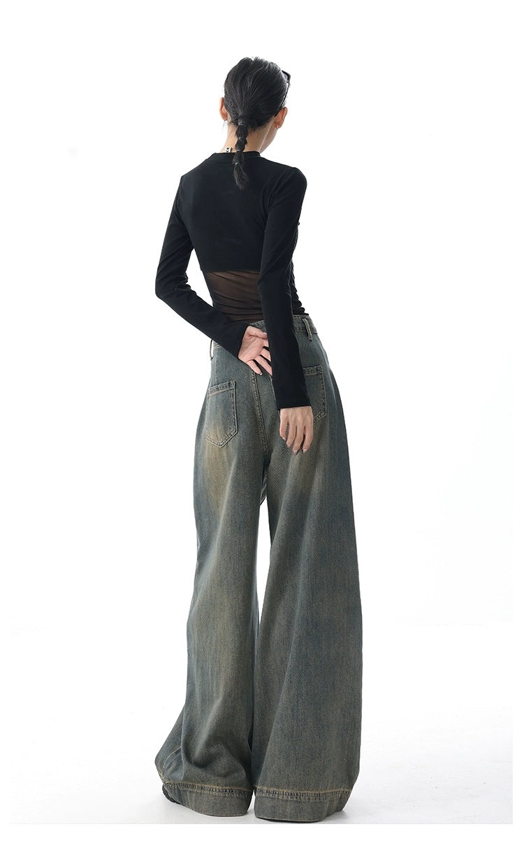 High-Waist Retro Wide-Leg Jeans – Women's Washed Denim Floor-Length Trousers