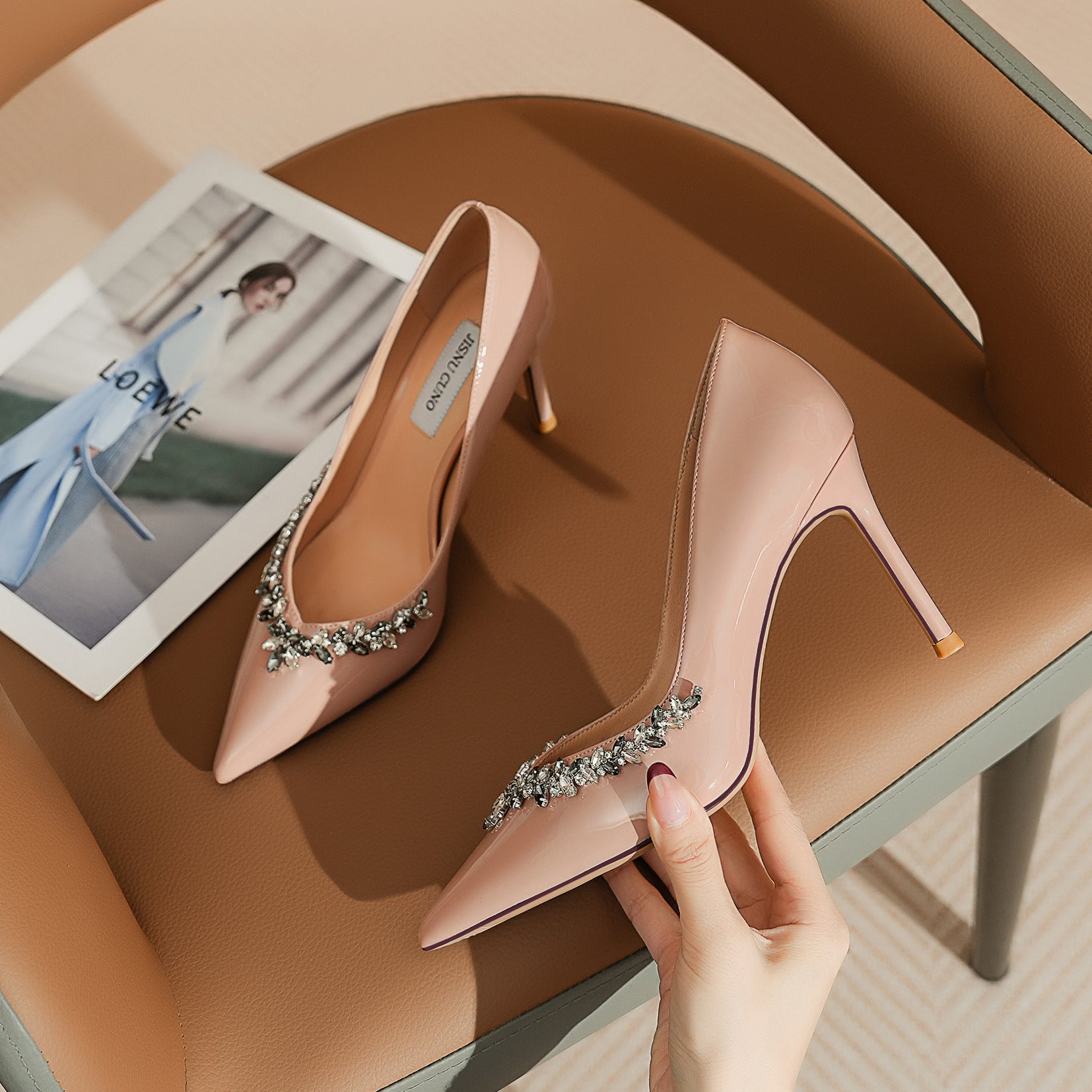 Heel Pointed French Style Elegant Rhinestone Single Shoes Bridesmaid LADYLYS