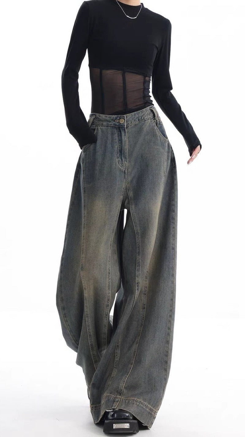 High-Waist Retro Wide-Leg Jeans – Women's Washed Denim Floor-Length Trousers