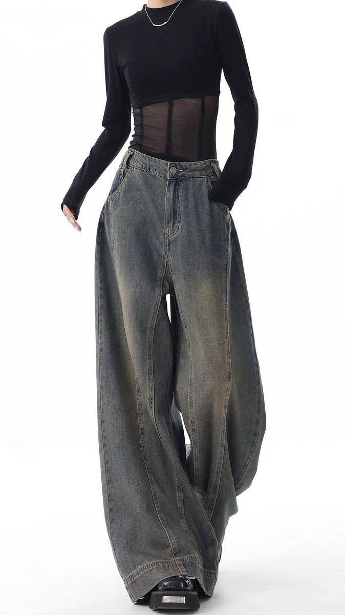 High-Waist Retro Wide-Leg Jeans – Women's Washed Denim Floor-Length Trousers