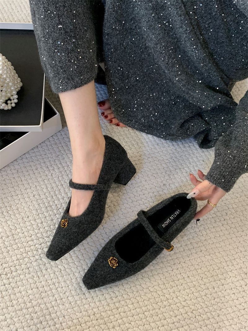 Elegant Woolen Square Toe Shallow Mouth Mary Jane Shoes French Style LADYLYS