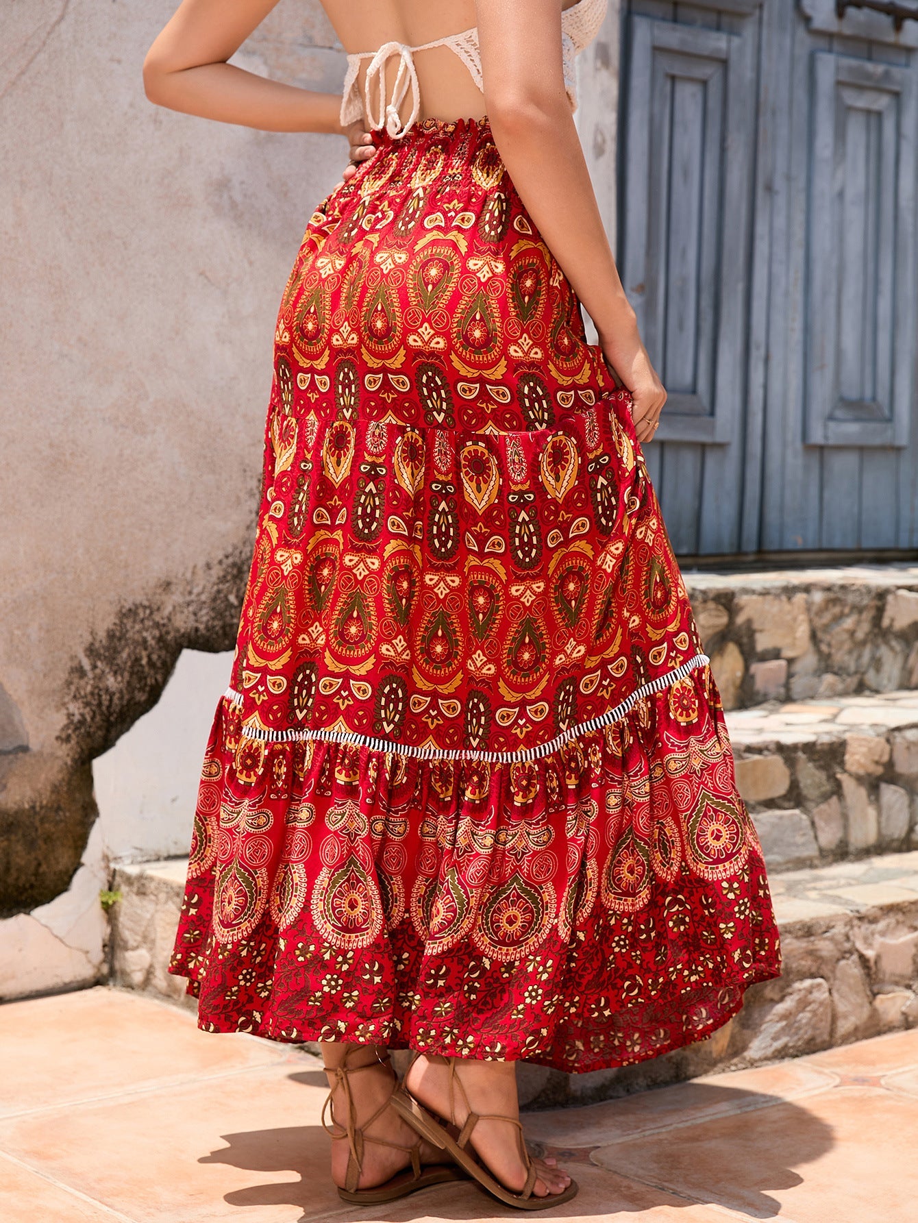 Real-life cross-border holiday style hollow lace stitching rayon beach skirt LADYLYS