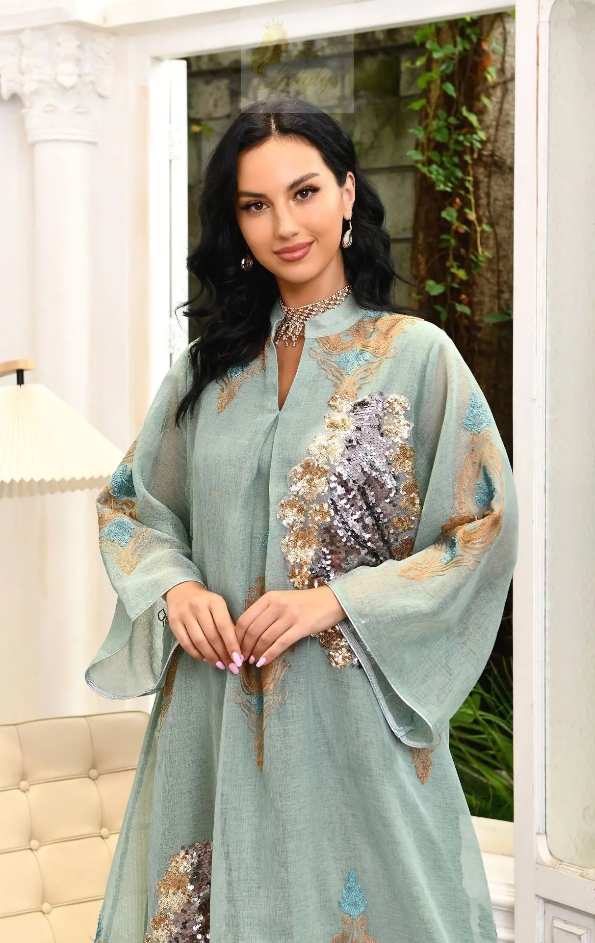 Morocco Dress for Women Muslim Abaya India Stand Collar Abayas Enbroidery Sequins LADYLYS