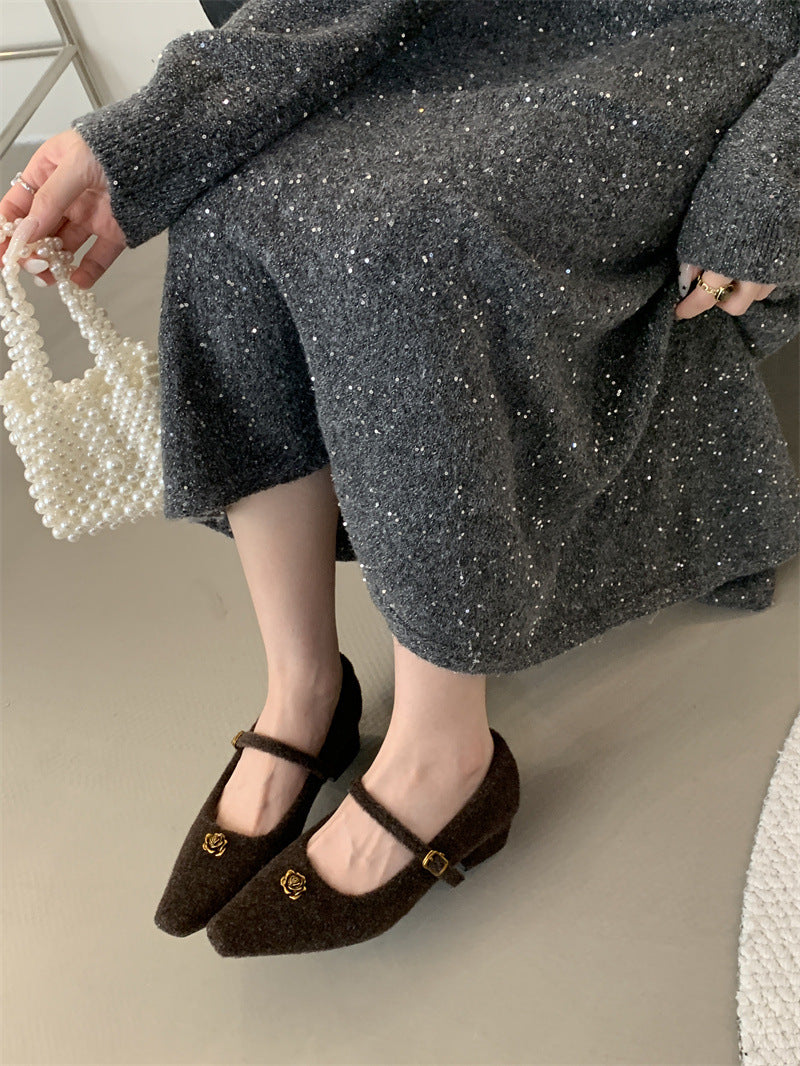 Elegant Woolen Square Toe Shallow Mouth Mary Jane Shoes French Style LADYLYS