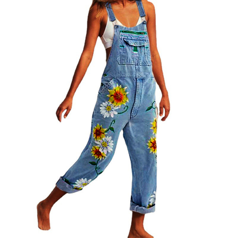 Women's Printed Denim Overalls – Casual Straight-Leg Suspender Jeans