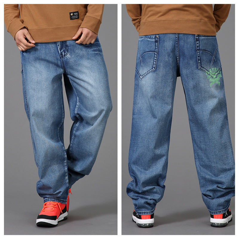 Men's Plus Size Loose Straight-Leg Jeans – Washed Hip-Hop Denim Trousers