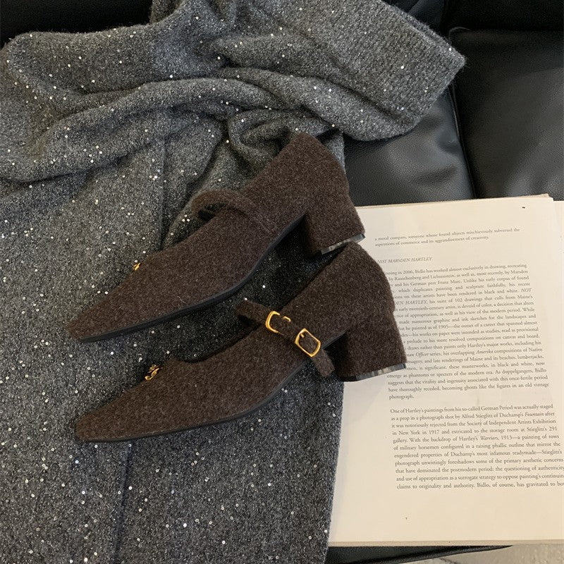 Elegant Woolen Square Toe Shallow Mouth Mary Jane Shoes French Style LADYLYS
