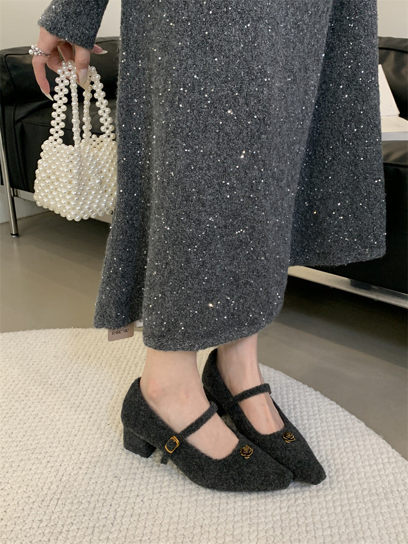 Elegant Woolen Square Toe Shallow Mouth Mary Jane Shoes French Style LADYLYS