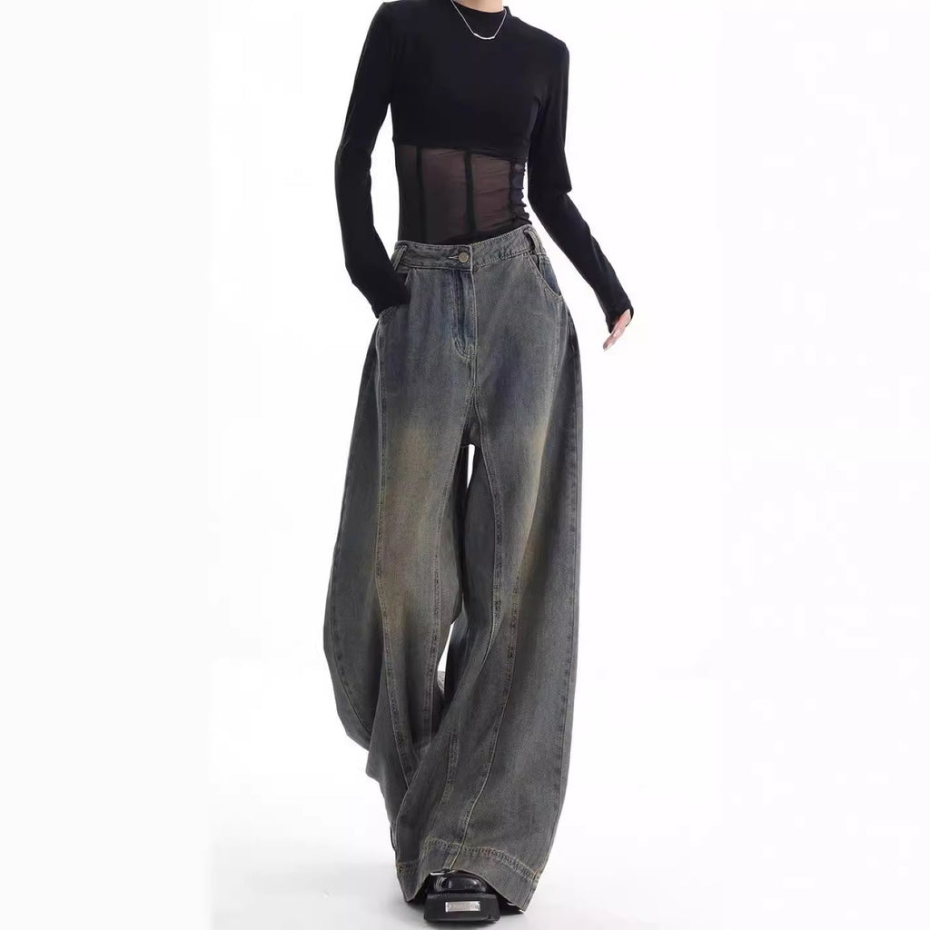 High-Waist Retro Wide-Leg Jeans – Women's Washed Denim Floor-Length Trousers