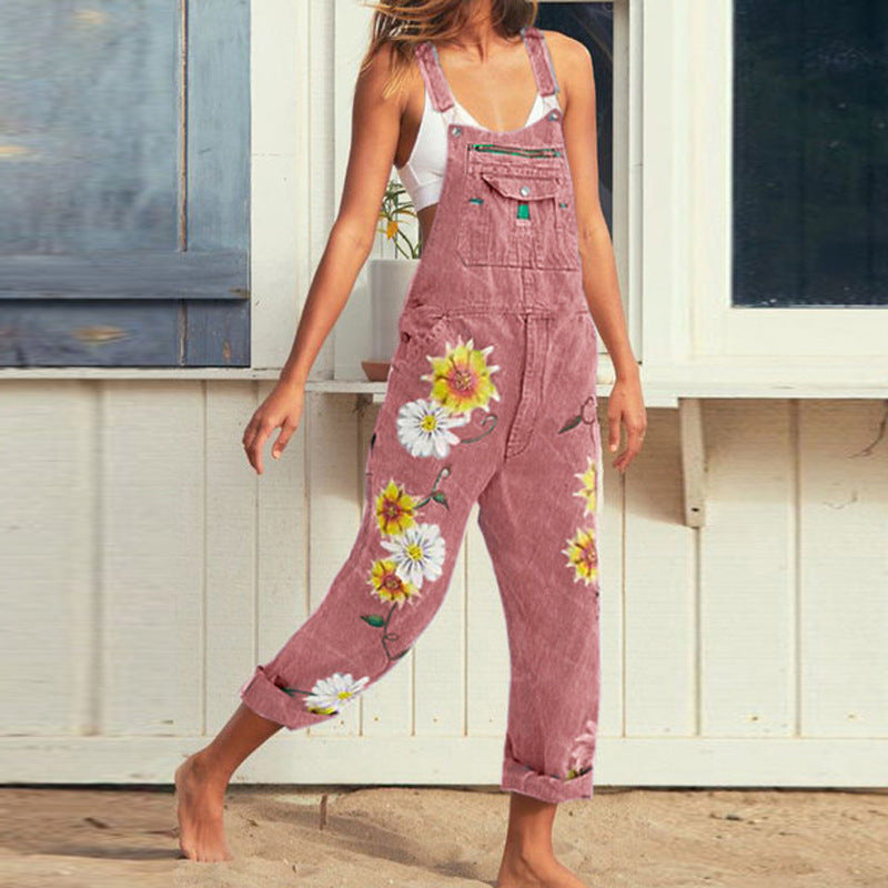 Women's Printed Denim Overalls – Casual Straight-Leg Suspender Jeans