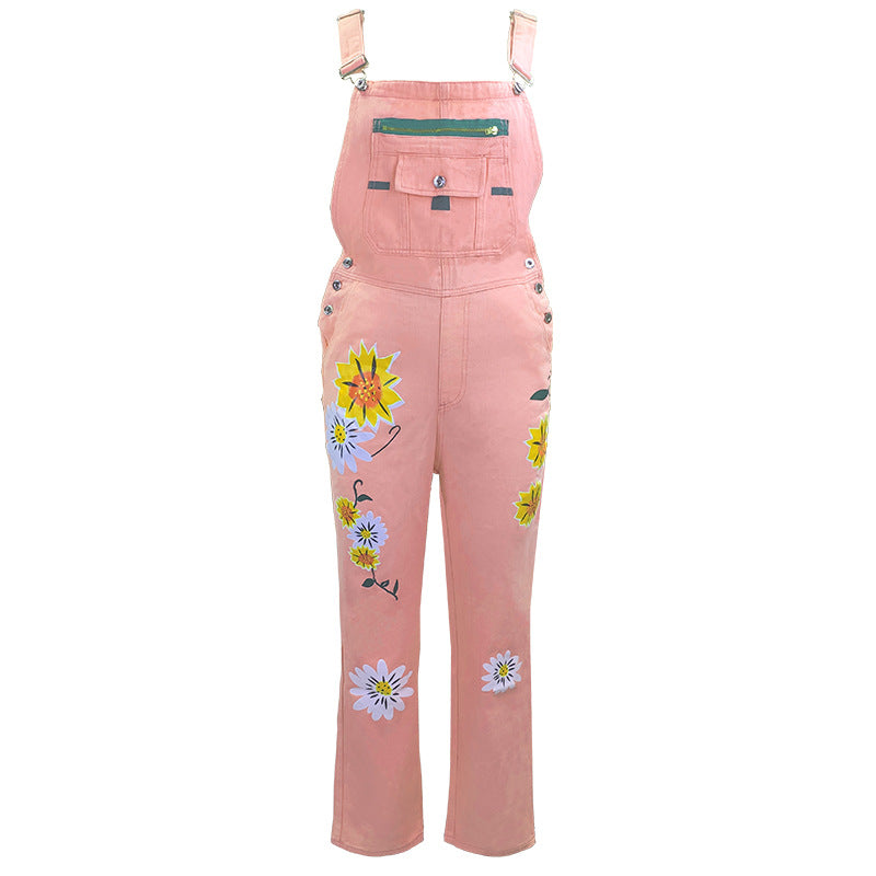 Women's Printed Denim Overalls – Casual Straight-Leg Suspender Jeans
