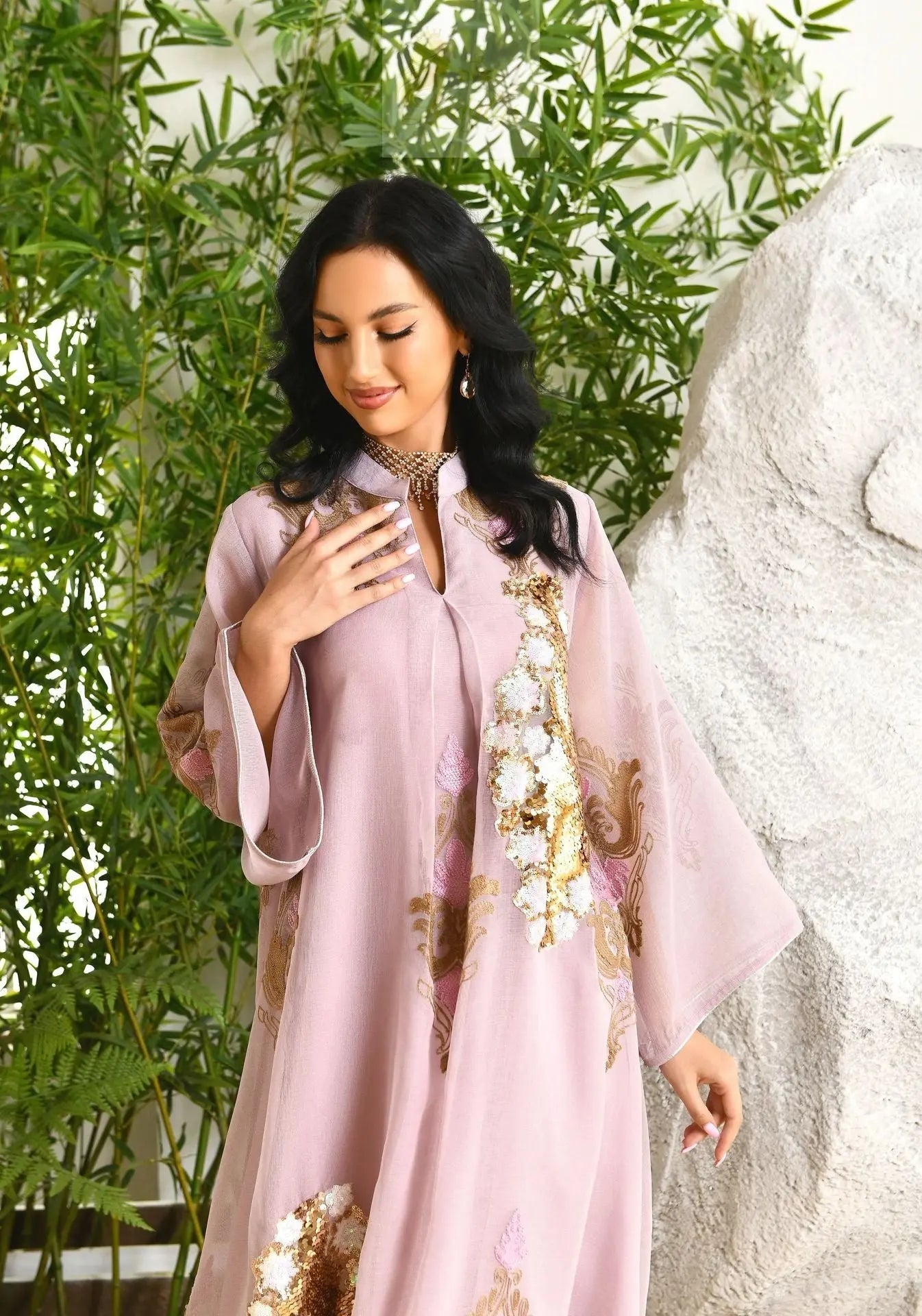 Morocco Dress for Women Muslim Abaya India Stand Collar Abayas Enbroidery Sequins LADYLYS