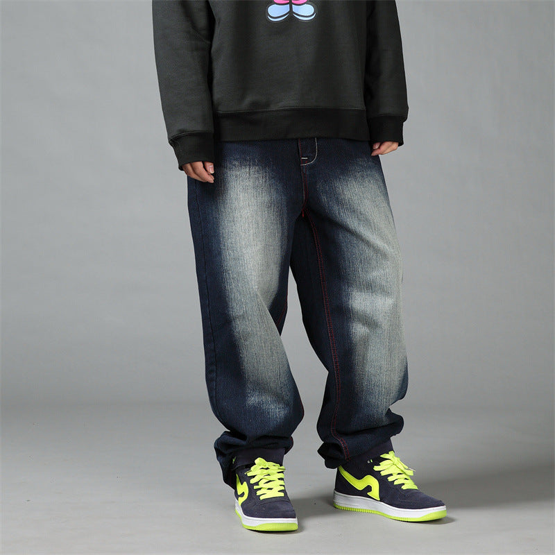 Men's Plus Size Loose Straight-Leg Jeans – Washed Hip-Hop Denim Trousers