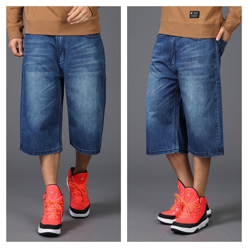 Men's Plus Size Hip-Hop Cropped Jeans – Loose Straight-Leg Summer Denim
