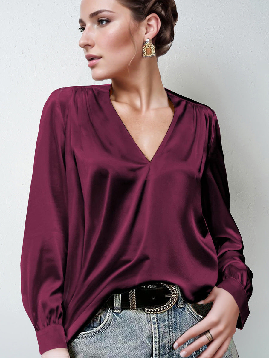 Women's Clothing Satin Pleated Long-Sleeve Top V-Neck Shirt LADYLYS