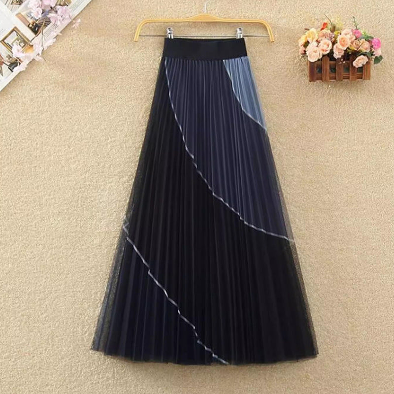 Contrast Mesh Skirt Women's Mid-Length High Waist A- Line LADYLYS
