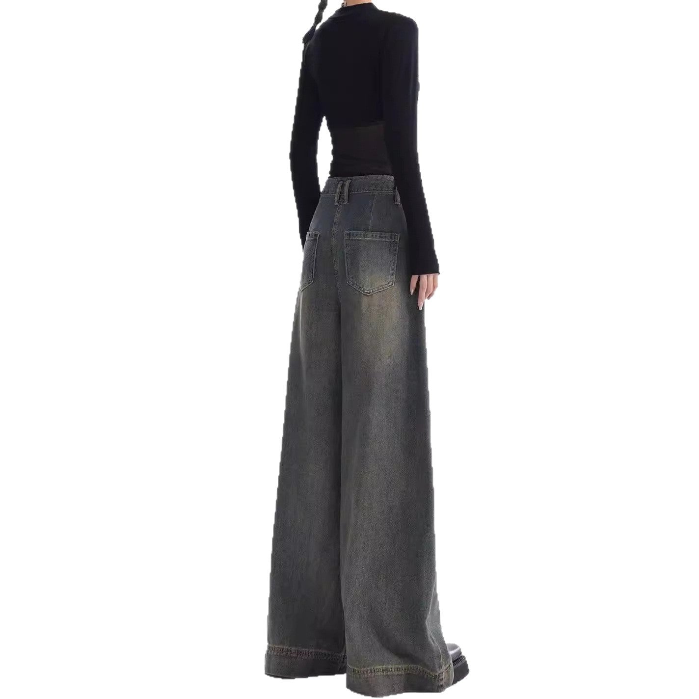 High-Waist Retro Wide-Leg Jeans – Women's Washed Denim Floor-Length Trousers