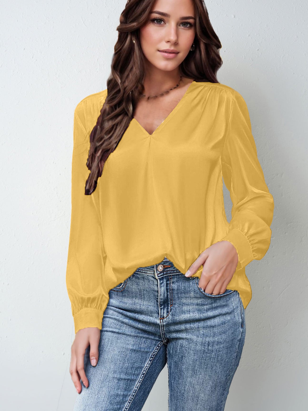 Women's Clothing Satin Pleated Long-Sleeve Top V-Neck Shirt LADYLYS
