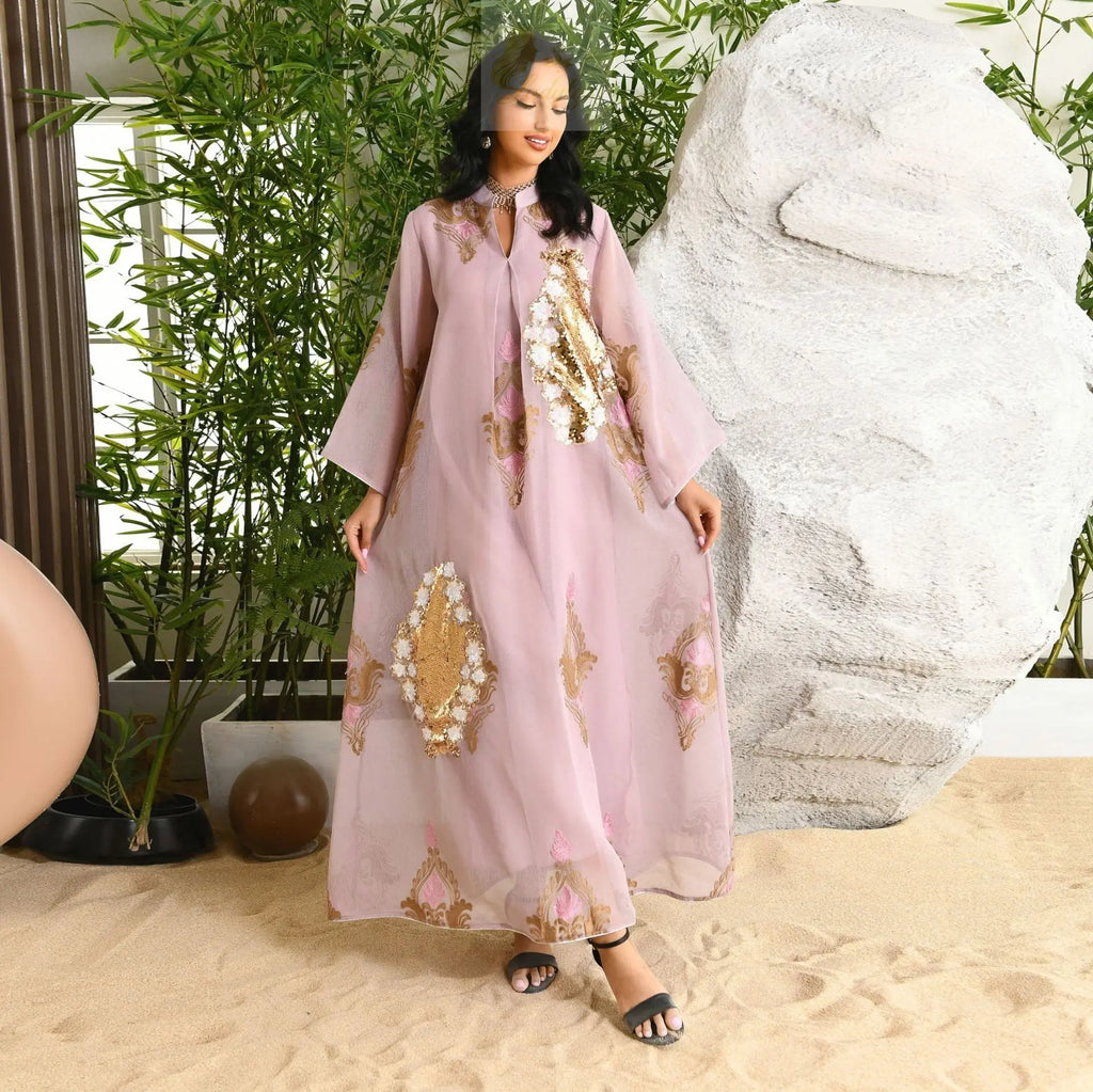Morocco Dress for Women Muslim Abaya India Stand Collar Abayas Enbroidery Sequins LADYLYS