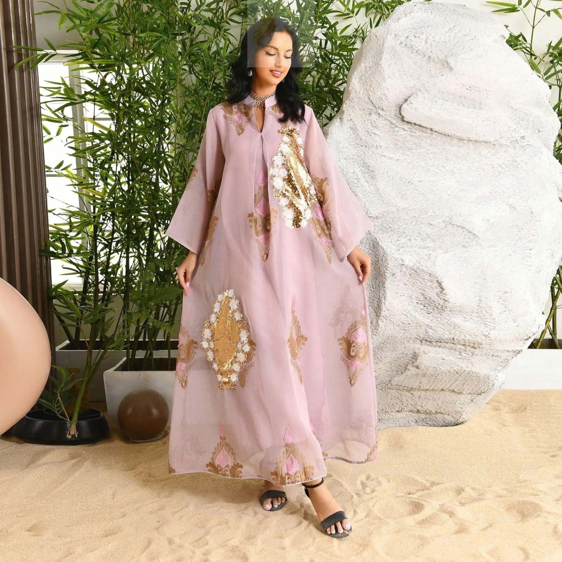 Morocco Dress for Women Muslim Abaya India Stand Collar Abayas Enbroidery Sequins LADYLYS