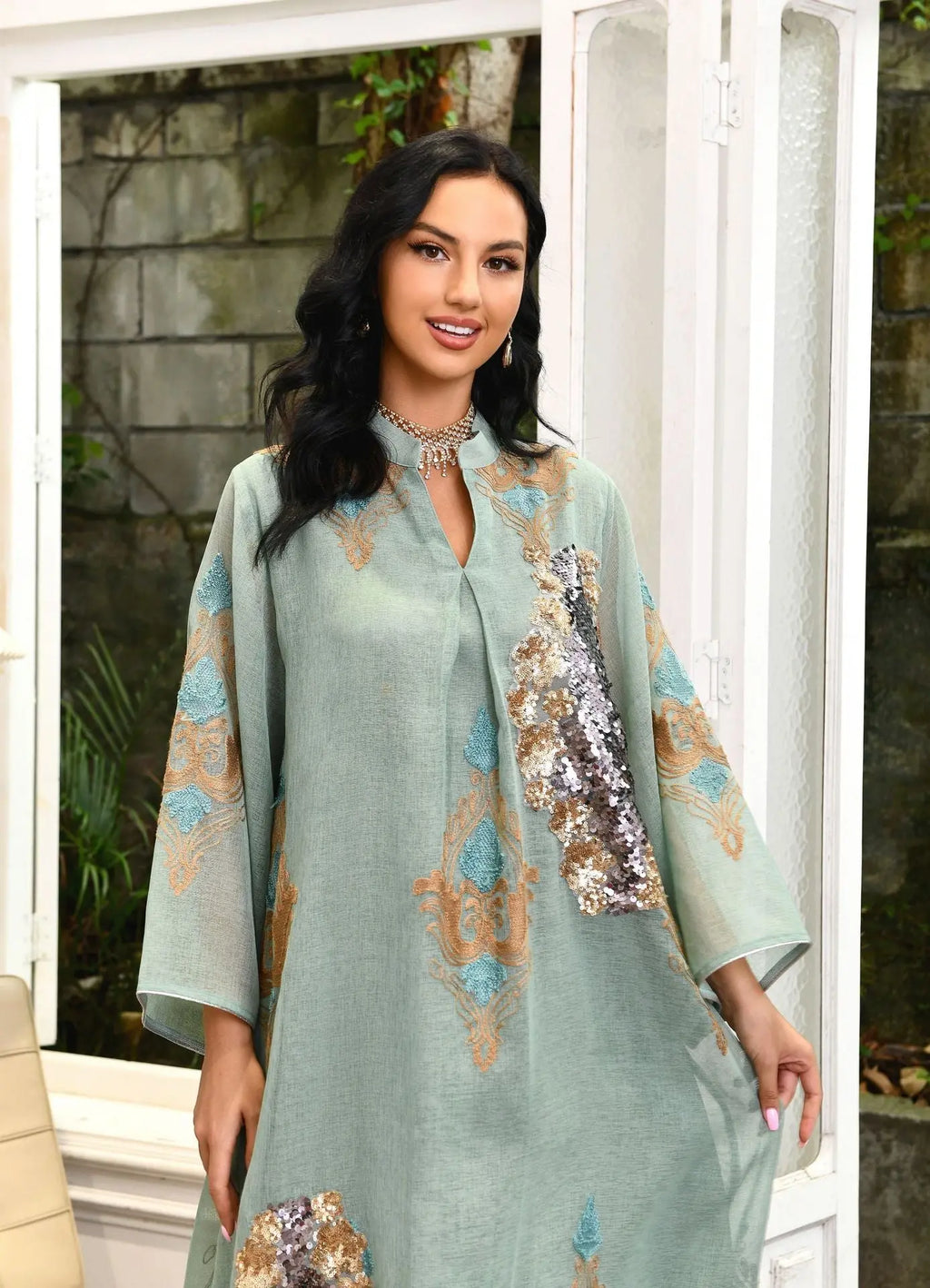 Morocco Dress for Women Muslim Abaya India Stand Collar Abayas Enbroidery Sequins LADYLYS