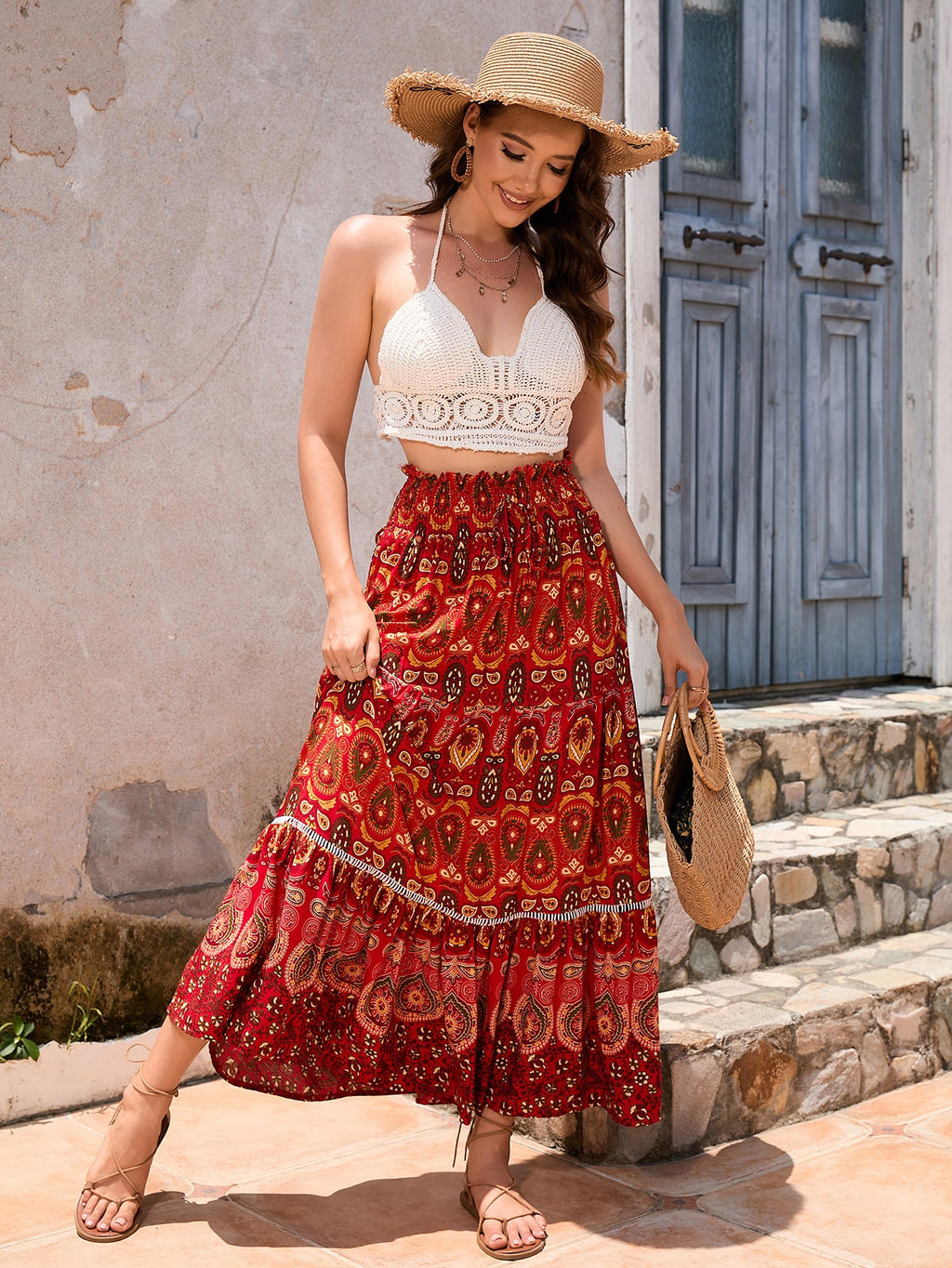 Real-life cross-border holiday style hollow lace stitching rayon beach skirt LADYLYS