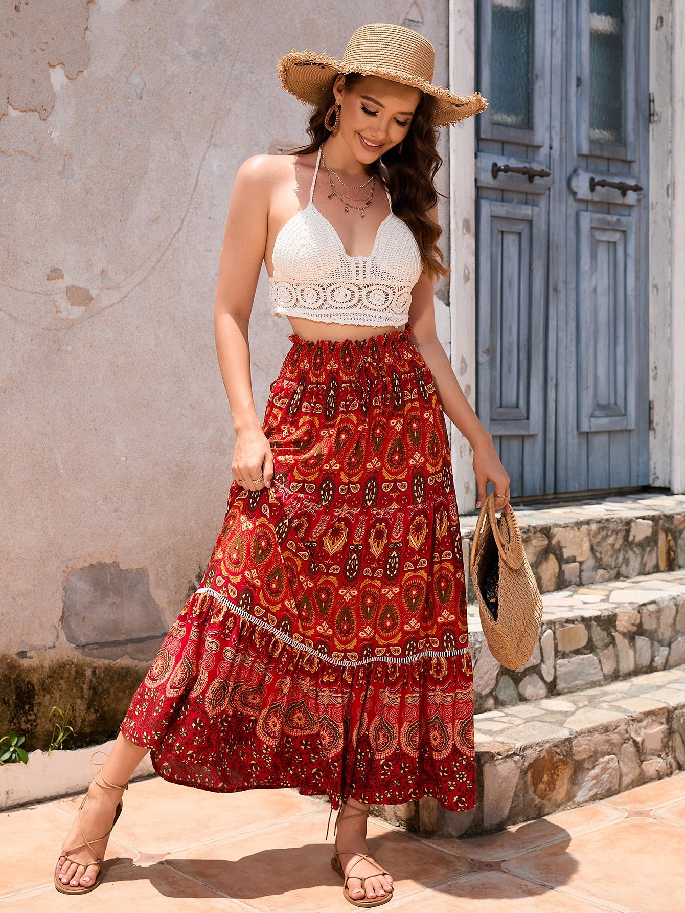 Real-life cross-border holiday style hollow lace stitching rayon beach skirt LADYLYS
