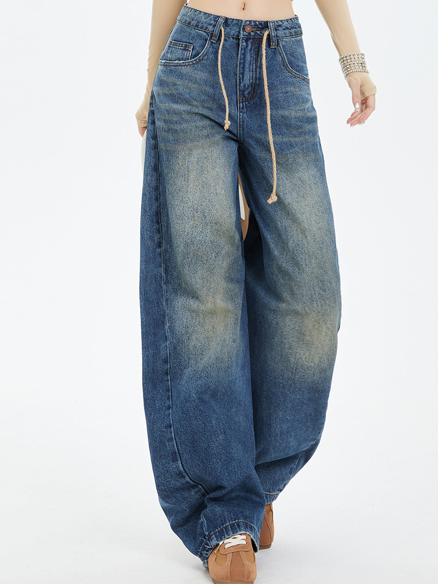 Retro High-Waist Drawstring Wide-Leg Jeans – Women's Loose Scimitar-Cut Denim