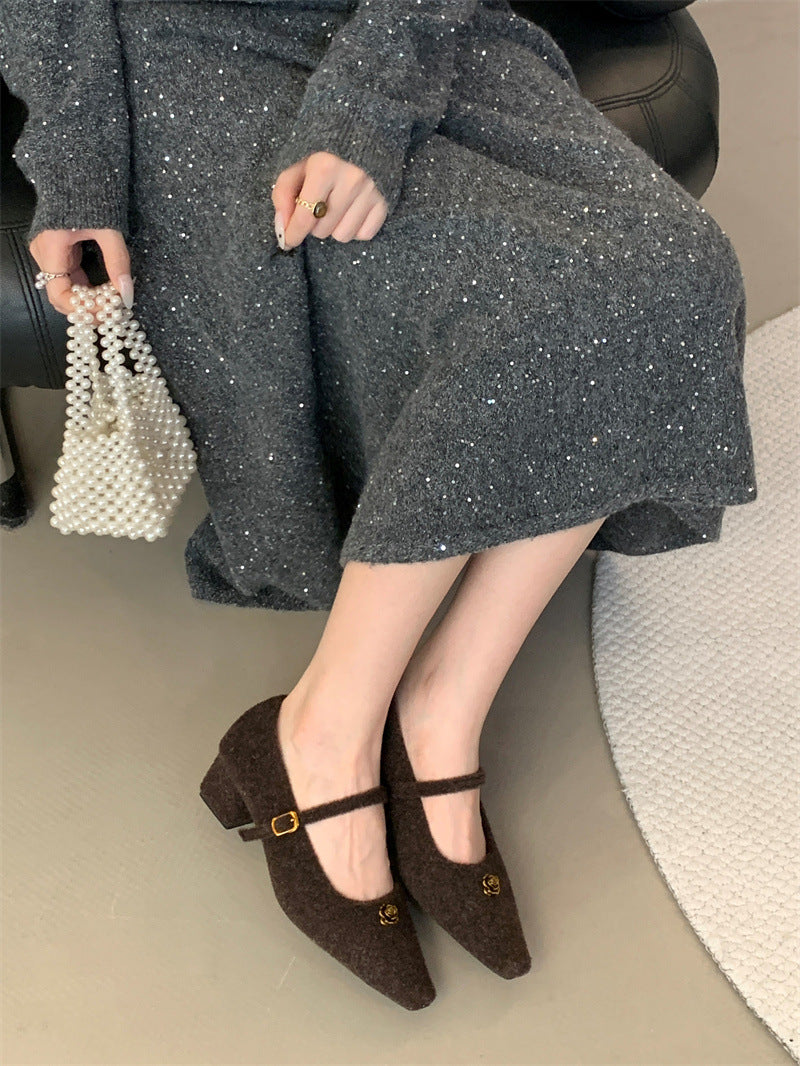 Elegant Woolen Square Toe Shallow Mouth Mary Jane Shoes French Style LADYLYS