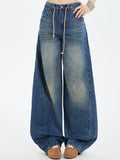 Retro High-Waist Drawstring Wide-Leg Jeans – Women's Loose Scimitar-Cut Denim