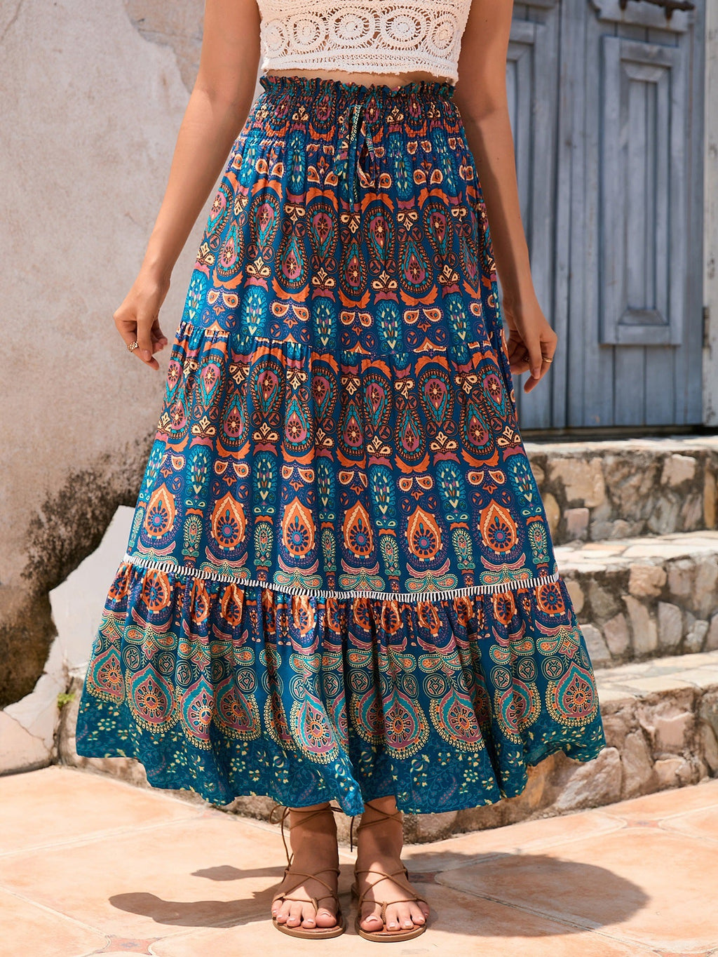 Real-life cross-border holiday style hollow lace stitching rayon beach skirt LADYLYS