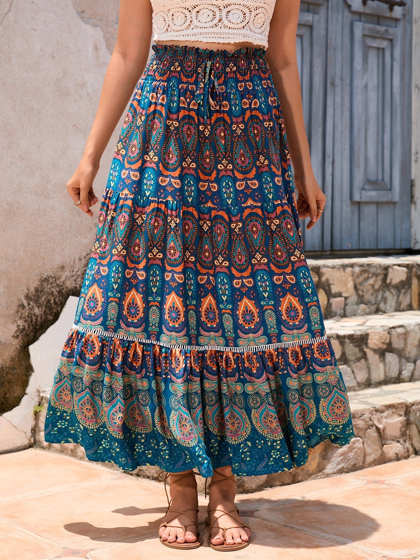 Real-life cross-border holiday style hollow lace stitching rayon beach skirt LADYLYS
