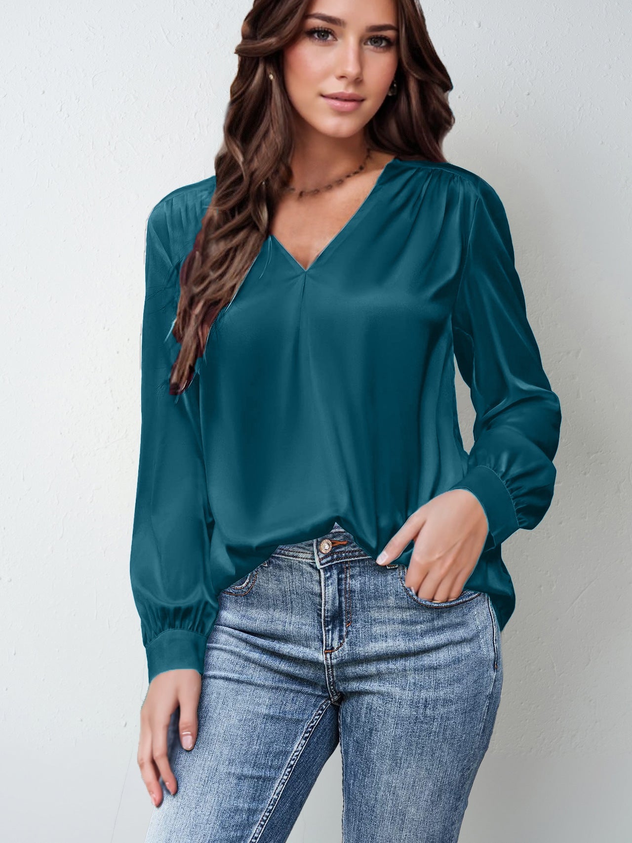 Women's Clothing Satin Pleated Long-Sleeve Top V-Neck Shirt LADYLYS