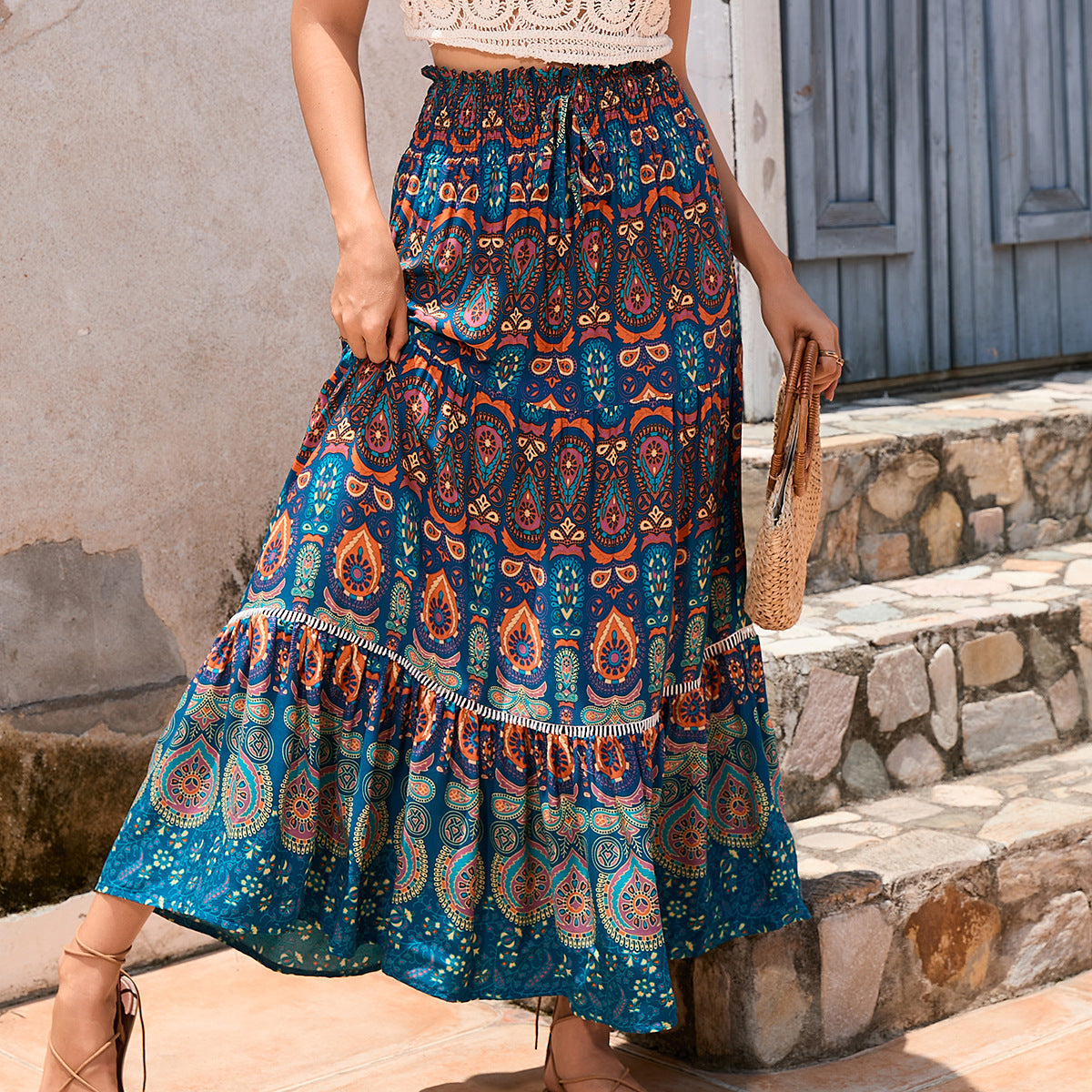 Real-life cross-border holiday style hollow lace stitching rayon beach skirt LADYLYS