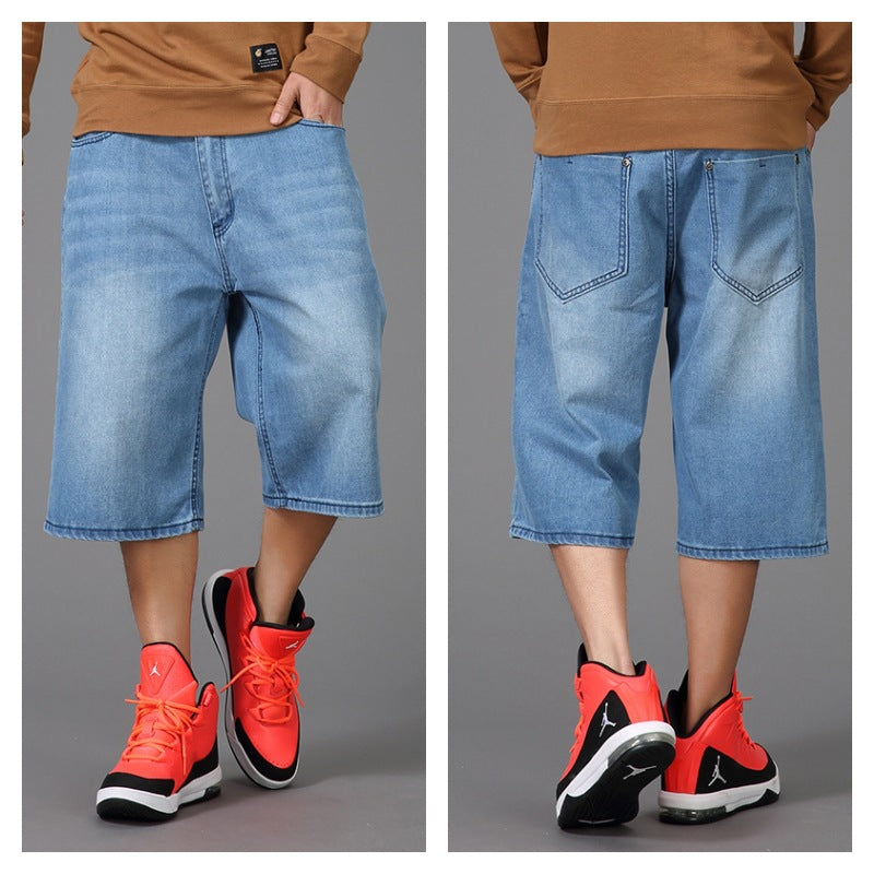 Men's Plus Size Hip-Hop Cropped Jeans – Loose Straight-Leg Summer Denim
