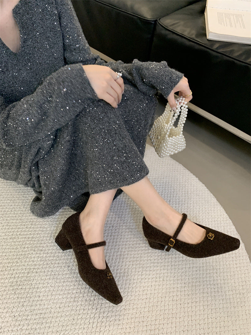 Elegant Woolen Square Toe Shallow Mouth Mary Jane Shoes French Style LADYLYS