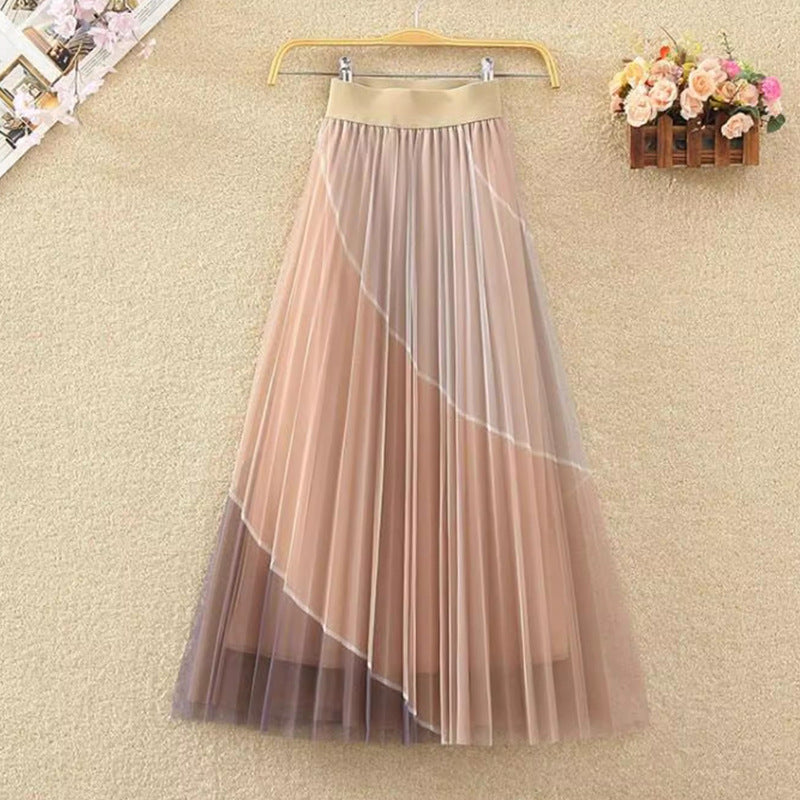 Contrast Mesh Skirt Women's Mid-Length High Waist A- Line LADYLYS