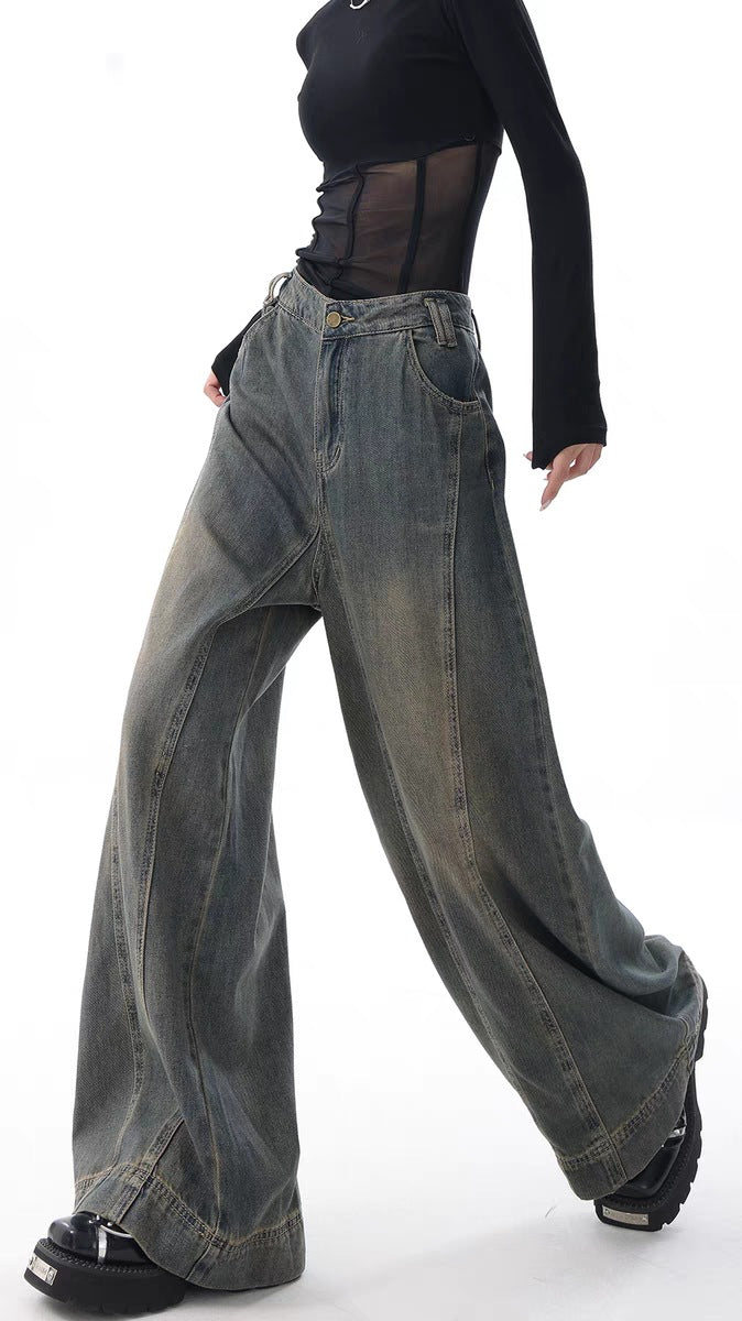 High-Waist Retro Wide-Leg Jeans – Women's Washed Denim Floor-Length Trousers