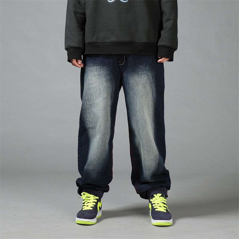 Men's Plus Size Loose Straight-Leg Jeans – Washed Hip-Hop Denim Trousers