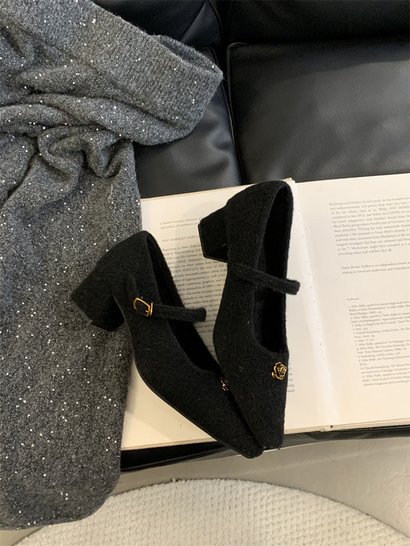Elegant Woolen Square Toe Shallow Mouth Mary Jane Shoes French Style LADYLYS