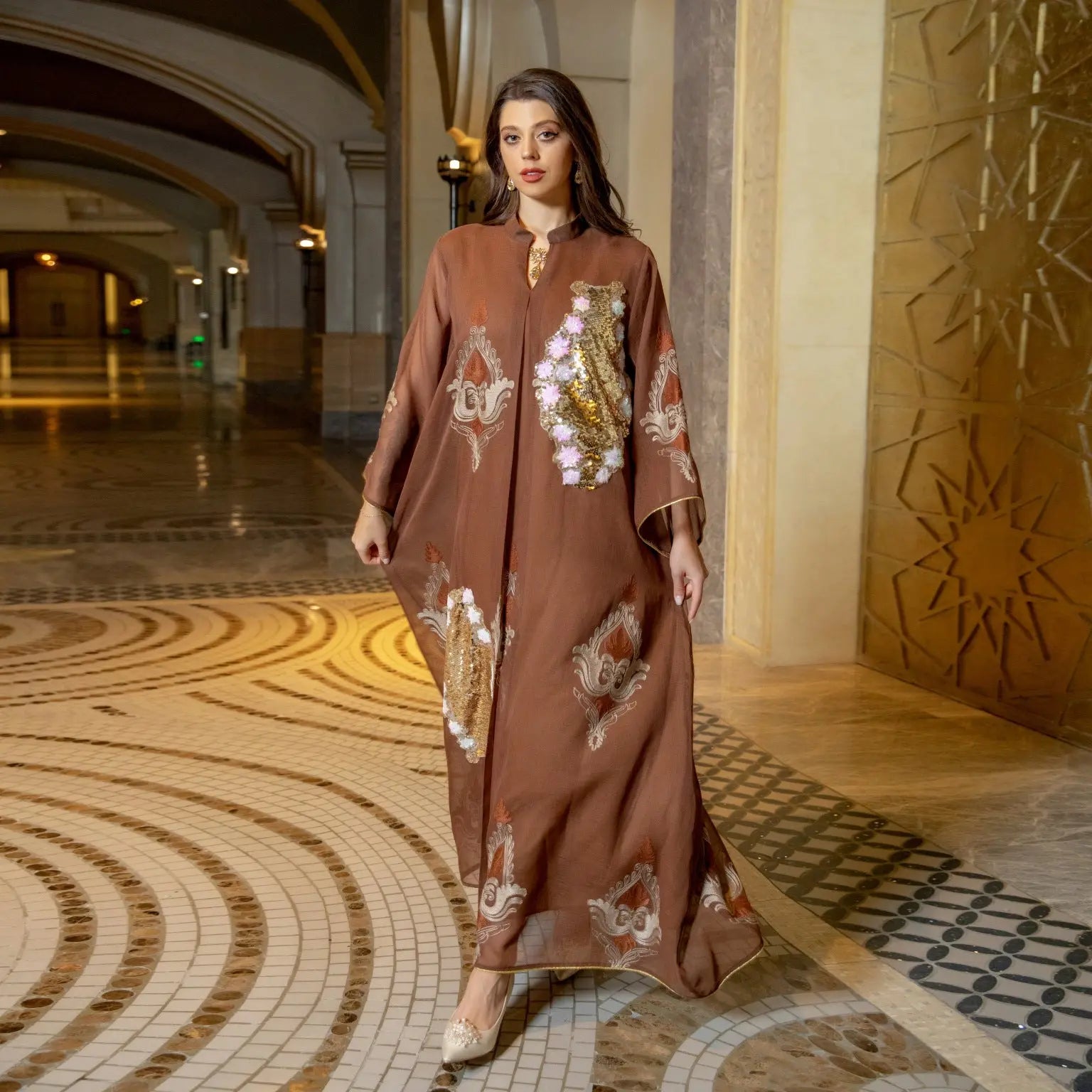 Morocco Dress for Women Muslim Abaya India Stand Collar Abayas Enbroidery Sequins LADYLYS