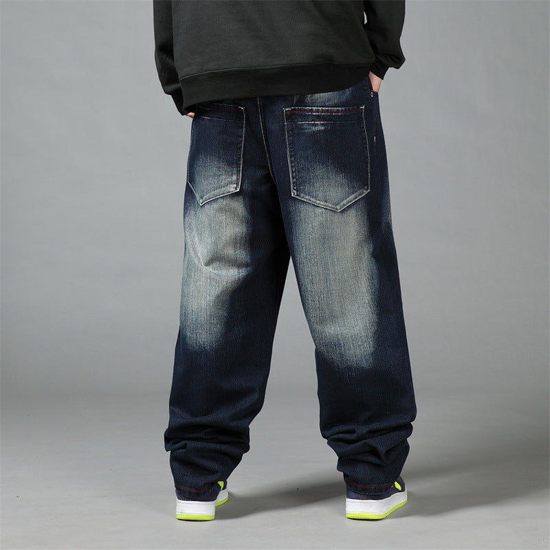 Men's Plus Size Loose Straight-Leg Jeans – Washed Hip-Hop Denim Trousers