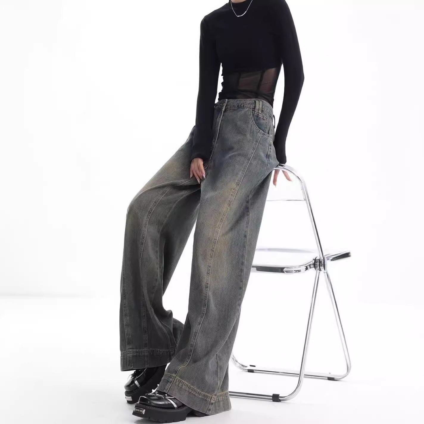 High-Waist Retro Wide-Leg Jeans – Women's Washed Denim Floor-Length Trousers