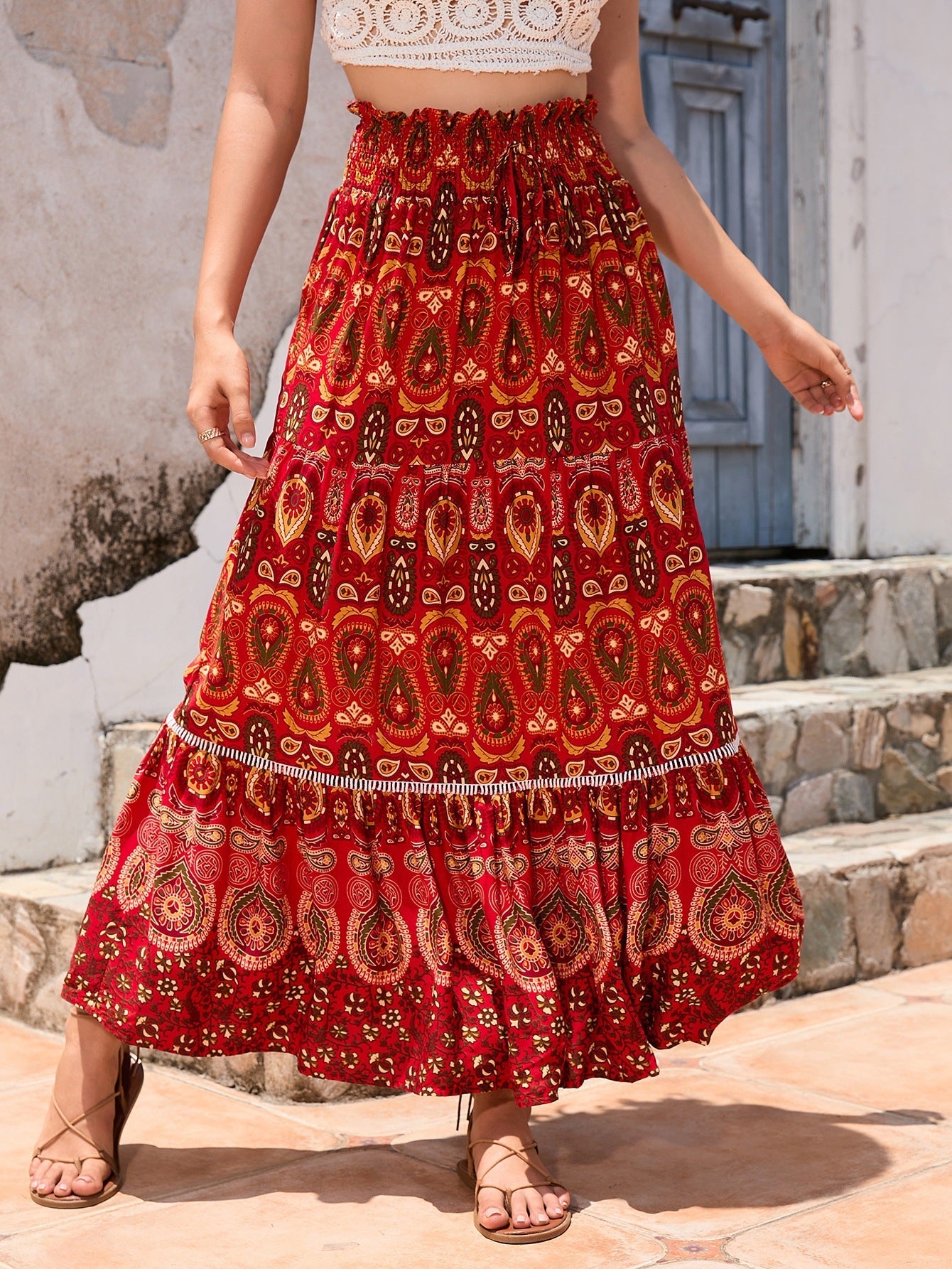 Real-life cross-border holiday style hollow lace stitching rayon beach skirt LADYLYS
