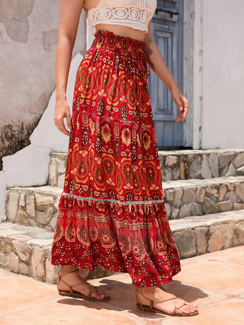 Real-life cross-border holiday style hollow lace stitching rayon beach skirt LADYLYS