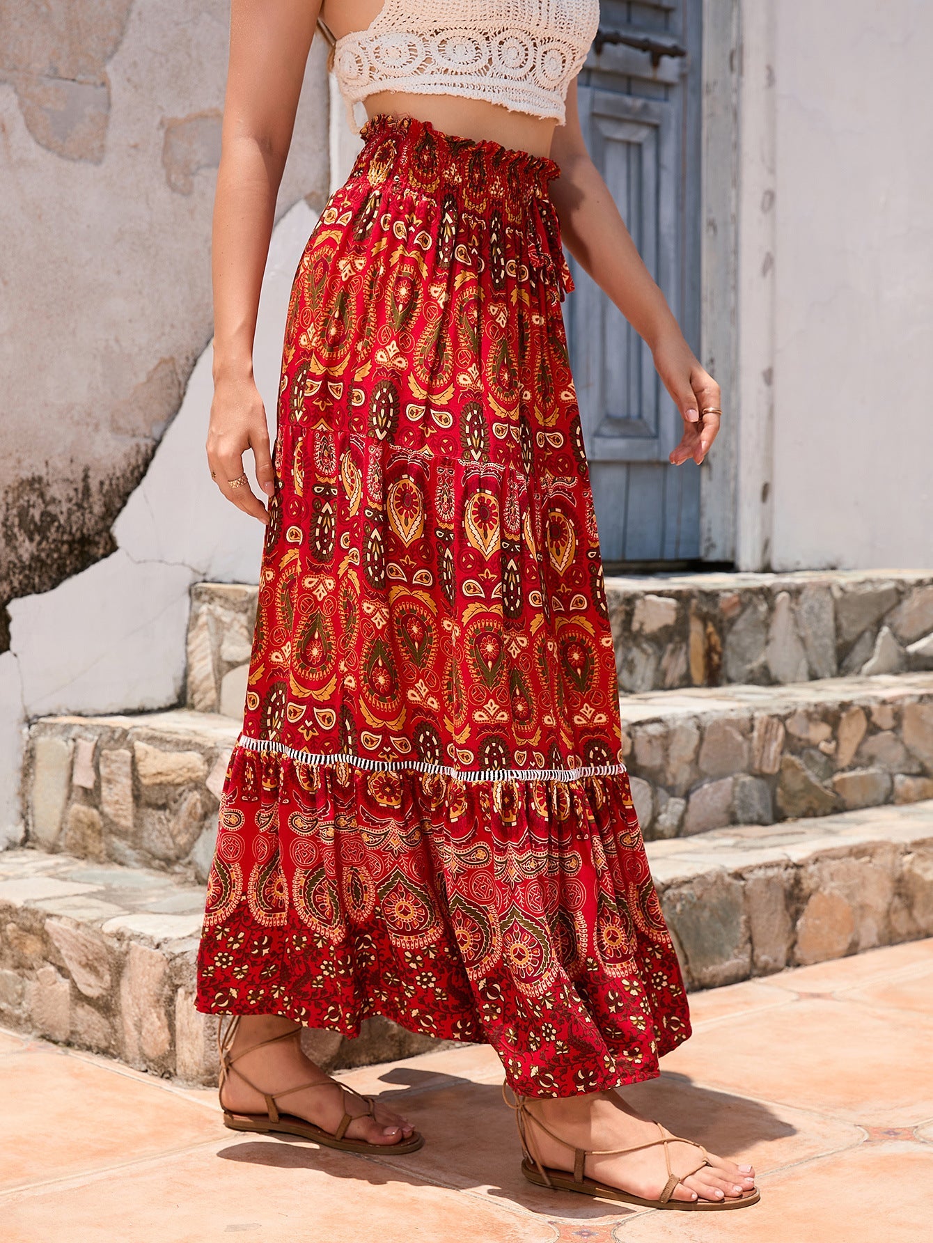 Real-life cross-border holiday style hollow lace stitching rayon beach skirt LADYLYS