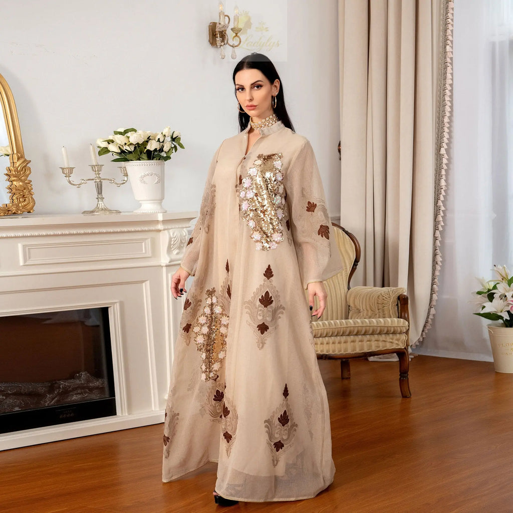 Morocco Dress for Women Muslim Abaya India Stand Collar Abayas Enbroidery Sequins LADYLYS