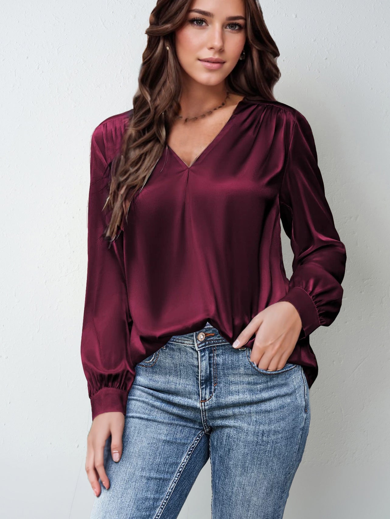 Women's Clothing Satin Pleated Long-Sleeve Top V-Neck Shirt LADYLYS