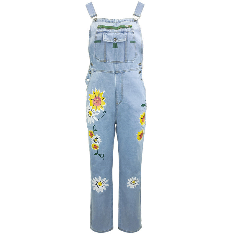 Women's Printed Denim Overalls – Casual Straight-Leg Suspender Jeans
