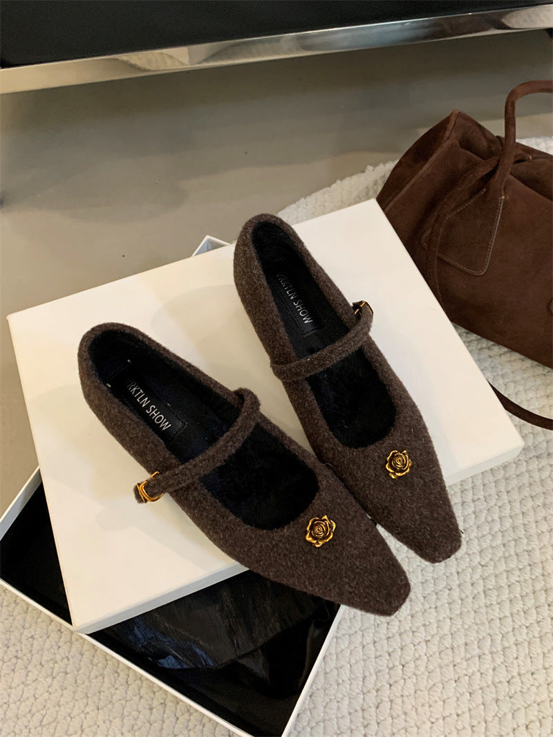 Elegant Woolen Square Toe Shallow Mouth Mary Jane Shoes French Style LADYLYS